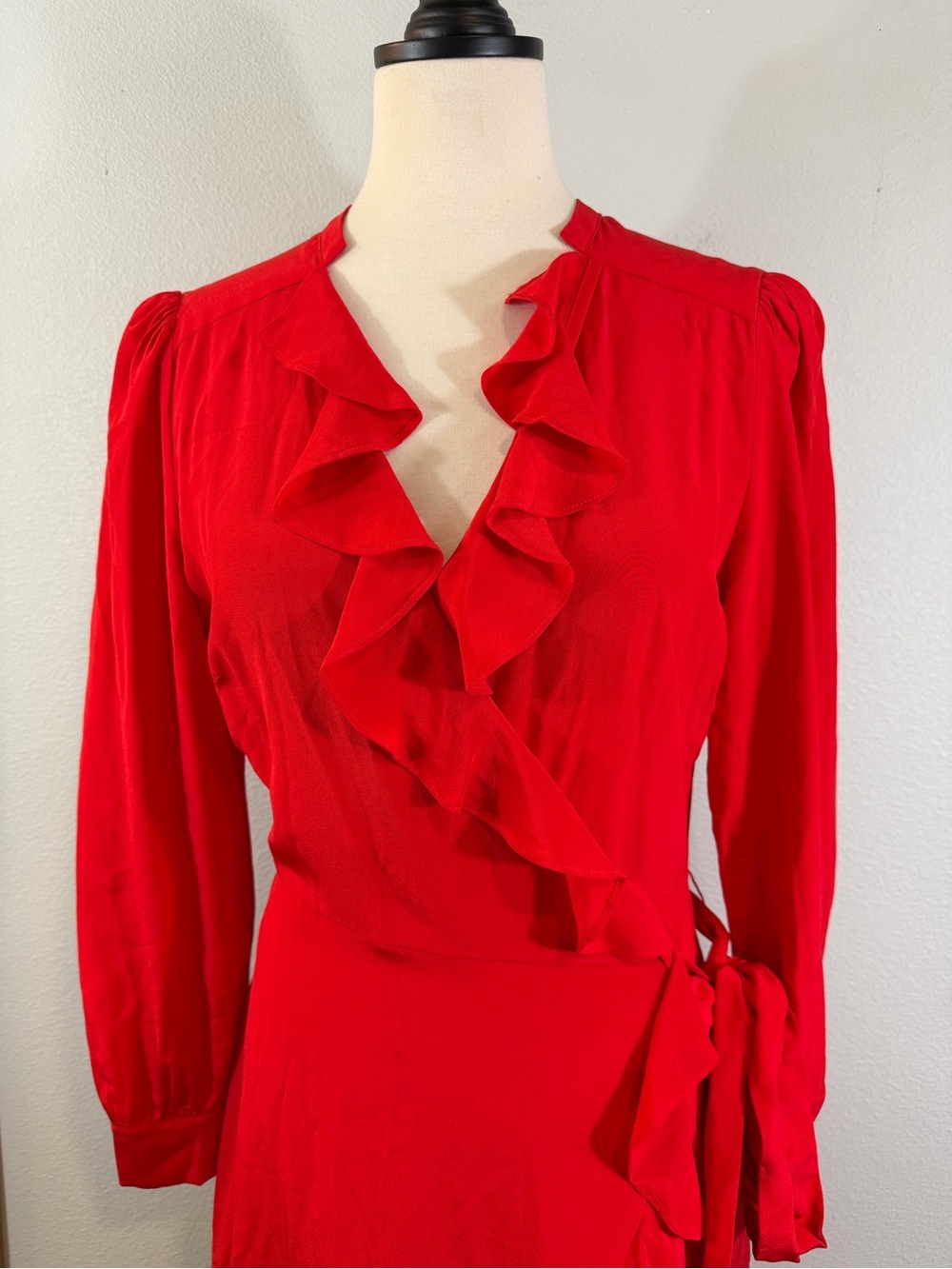Intermix Red Ruffle Silk Wrap Dress Size 6 Long Sleeve Evening Party Holiday - Picture 2 of 12